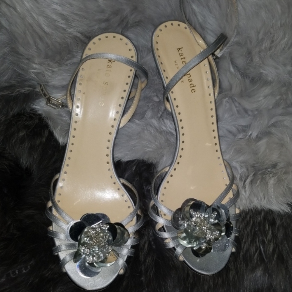 Silver Kate Spade ankle wrap heels